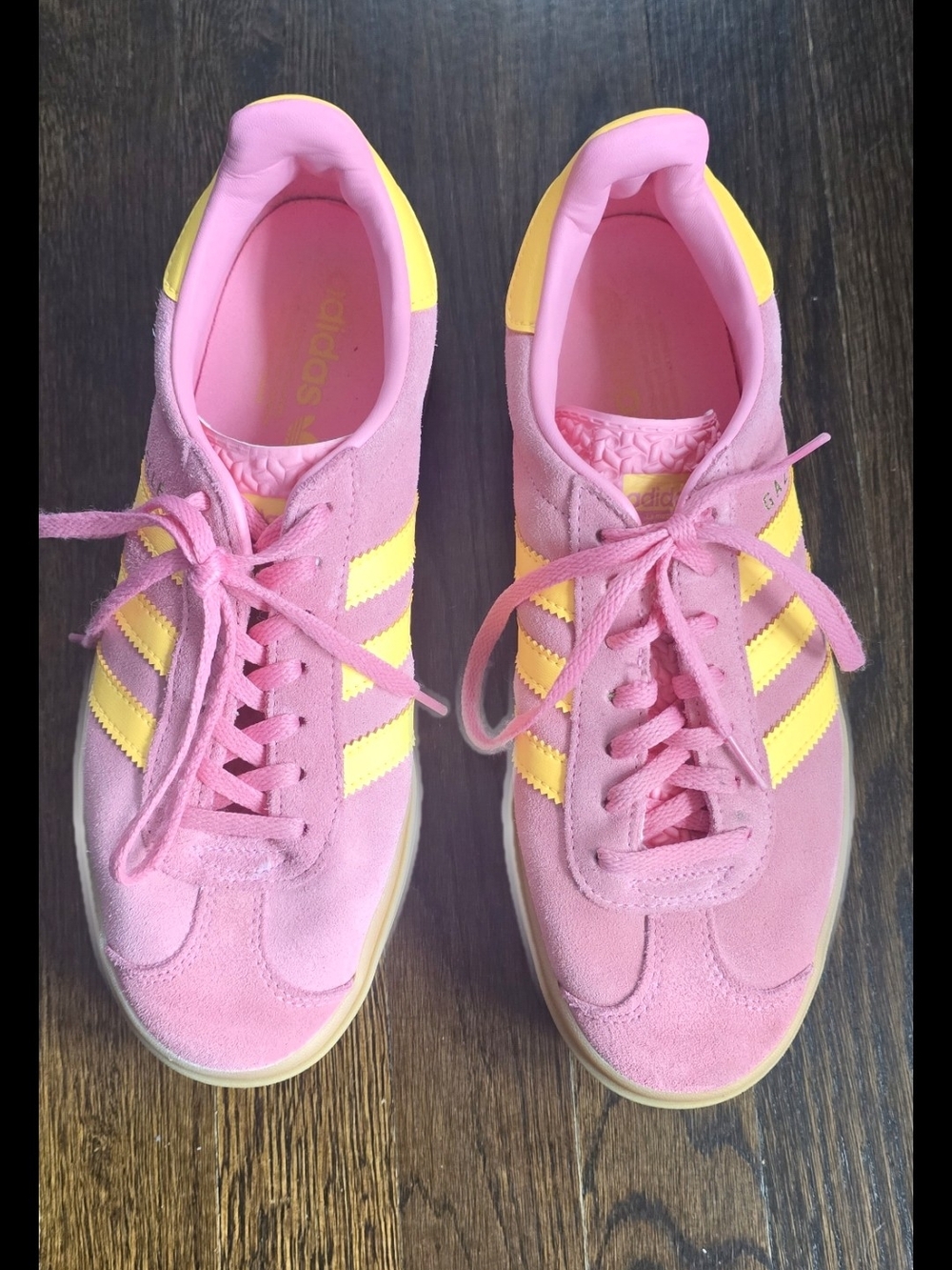 Adidas Pink Suede Sneakers with Yellow Stripes